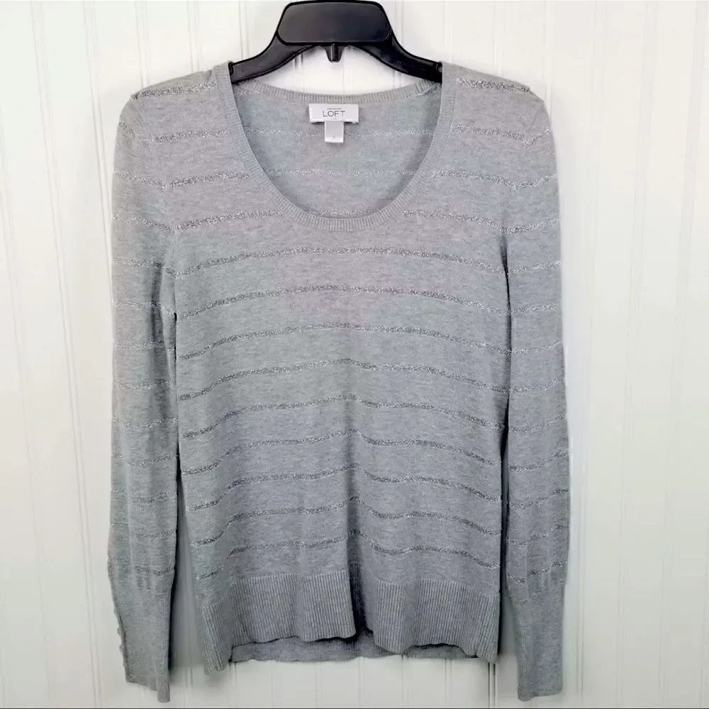 LOFT Gray Long Sleeve Shimmer Striped Long Sleeve Light Sweater Small
